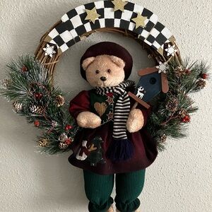 Christmas Bear / Winter Wreath Plush  & Inspired by MacKenzie-Childs Checks 16”w